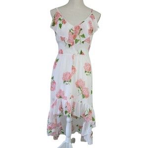 Heart Soul Hi‎ Low Spaghetti Strap Dress S Small White Pink Floral Ruffle Hem
